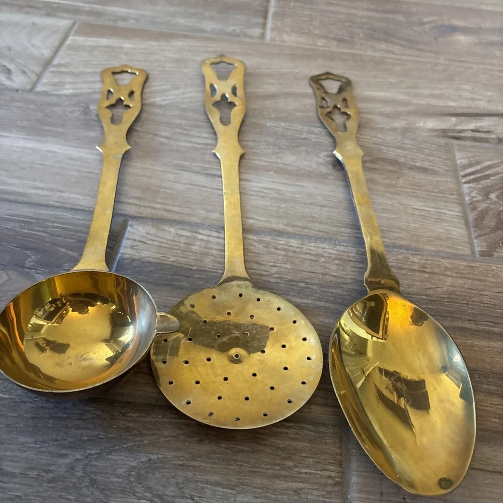 Antique Vintage Set of 3‎ Ornate Brass Serving Utensils
